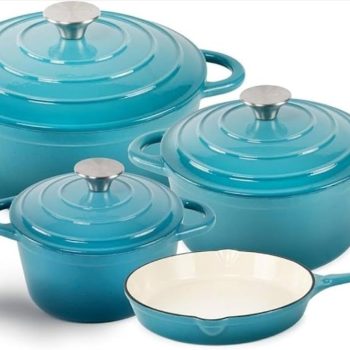 Premium 7-Piece Sky Blue Enamel Cast Iron Cookware Set – Nonstick & Multi-Stove Compatible