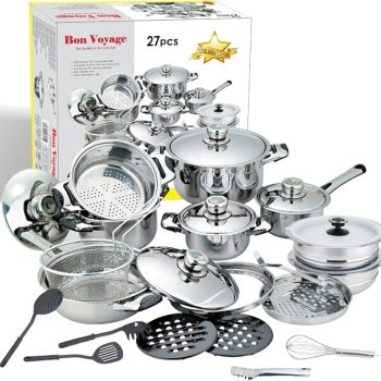 Bon Voyage 27-Piece Heavy-Bottom Stainless Steel Cookware Value Pack – Complete Kitchen Essentials