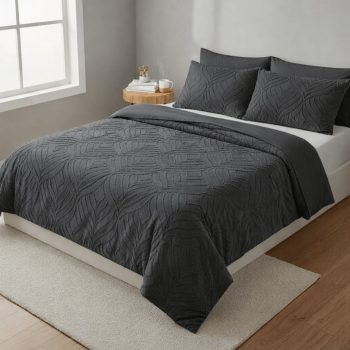 3-Piece Textured Polyester King Duvet Cover Set – Elegant Charcoal Leaf Pattern