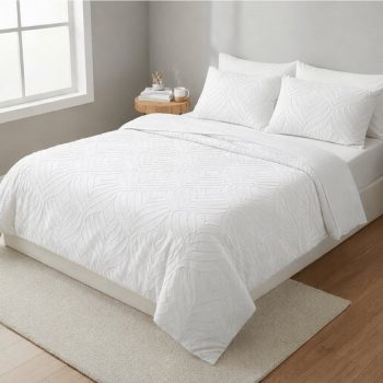 3-Piece Textured Polyester King Duvet Cover Set – Elegant White Leaf Pattern