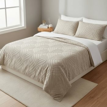 3-Piece Textured Polyester King Duvet Cover Set – Elegant Taupe Leaf Pattern