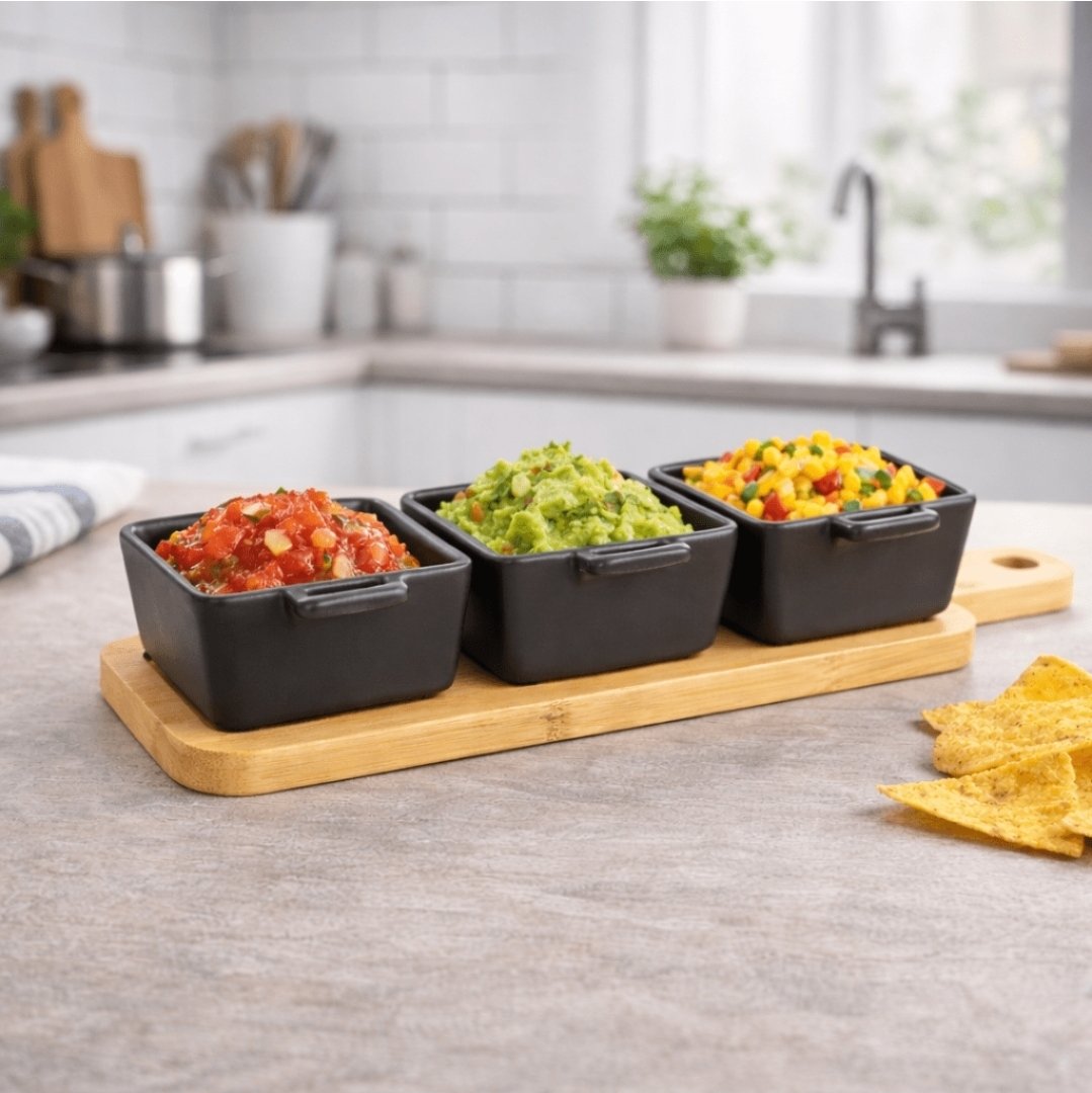 Bamboo Tray with 3 Porcelain Sauce/Dip Bowls – Square - Image 3