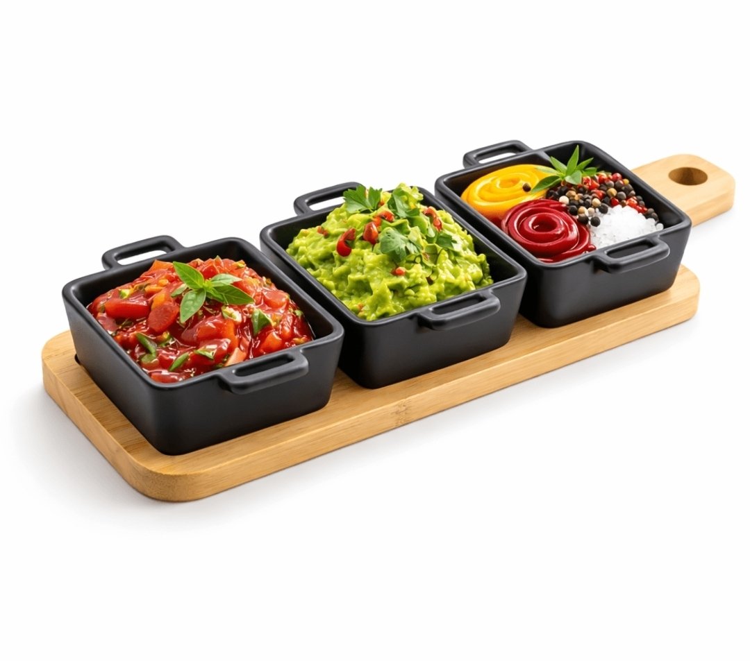 Bamboo Tray with 3 Porcelain Sauce/Dip Bowls – Square