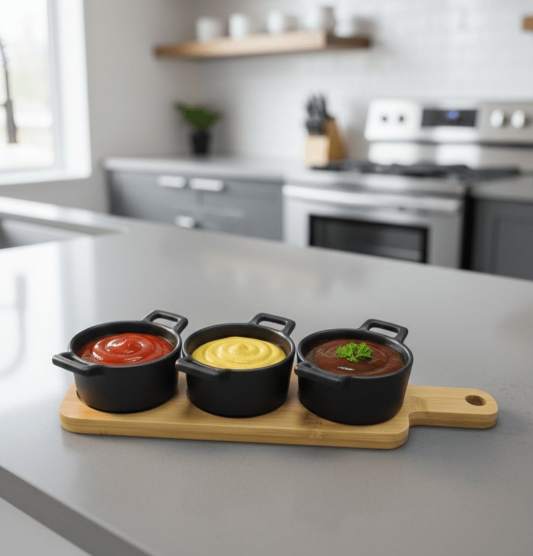 Bamboo Tray with 3 Porcelain Sauce/Dip Bowls – Round